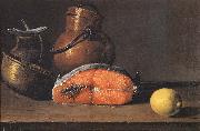 Luis Melendez Still Life with Salmon, a Lemon and Three Vessels oil painting on canvas